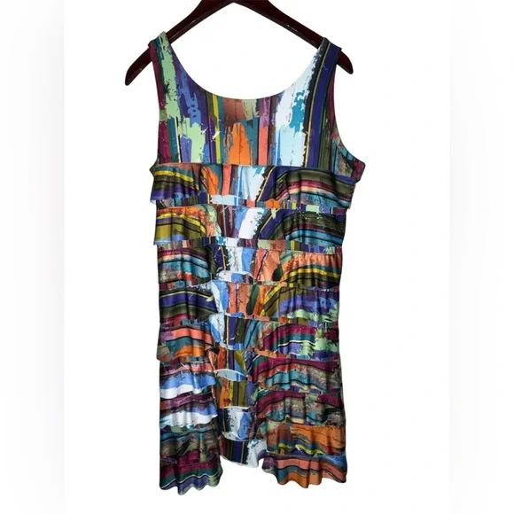 ISLE by Melis Kozan Multicolor Abstract Ruffle Dress Size XL Made in Turkey - Picture 2 of 5
